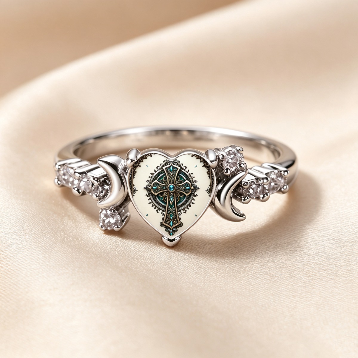 Women's Vintage Celtic Cross Heart Ring with Stones, Gothic Religious Gift